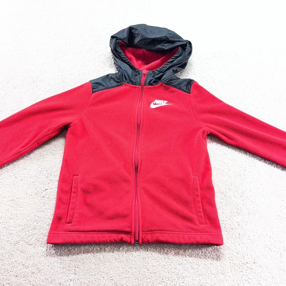 Nike‎ Fleece Zip Hoodie Kids Large Red Black Sporty Full Zip Jacket